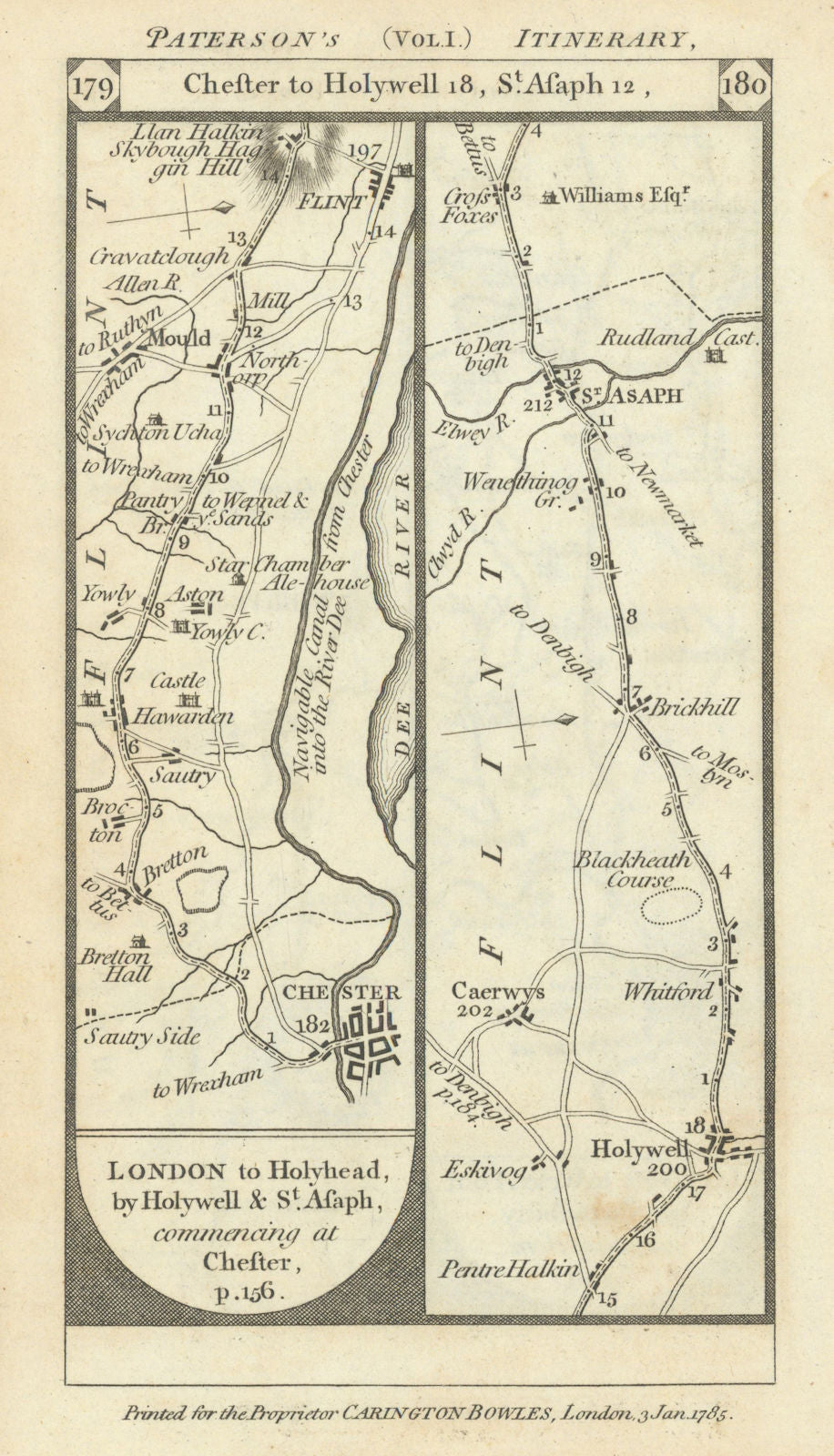 Chester-Hawarden-Mold-Flint-Holywell-St. Asaph road strip map PATERSON 1785